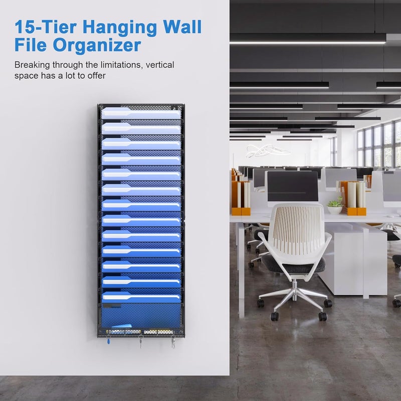 OUTWOLF 15 Tier Wall File Organizer with Hooks, Hanging Wall File Holder Wall Mount Paper Folder Organizer for Office, Magazine Rack - Image 1